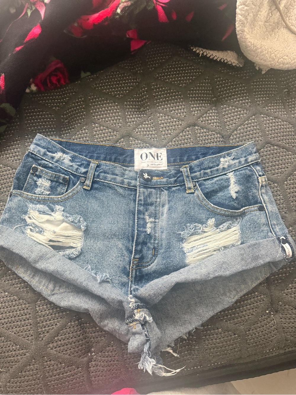 One Teaspoon Distressed Blue Denim Shorts